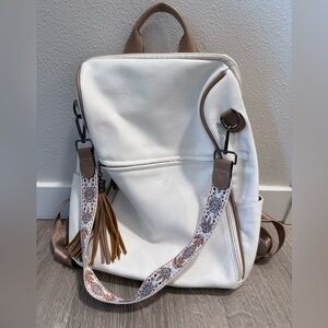 White Faux Leather Women’s Backpack with Patterned Strap